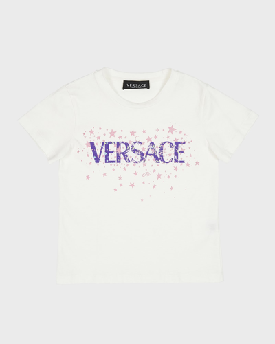 Shop Versace Girl's Star-print Logo Jersey T-shirt In Whitemulticolor