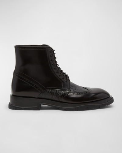 Shop Alexander Mcqueen Men's Wingtip Leather Lace-up Boots In Black