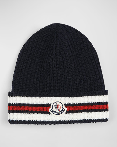 Shop Moncler Boy's Logo Patch Knit Hat In 315-p70 Navy