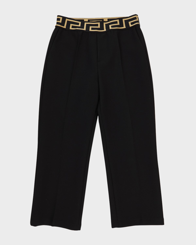 Shop Versace Boy's Cady Greca Waistband Formal Pants In Black
