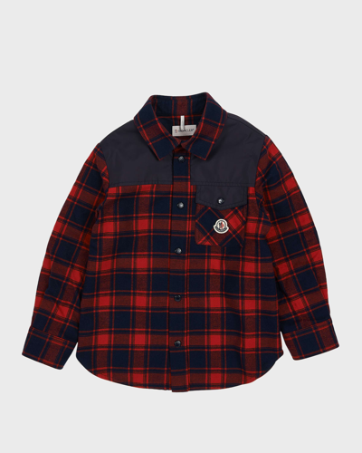 Shop Moncler Boy's Flannel Button Down Shirt In 70-456 Redblack
