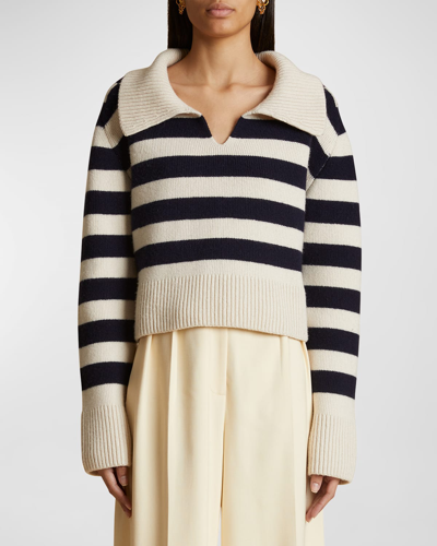 Shop Khaite Franklin Stripe Collared Cashmere Sweater In Magnolia / Navy S