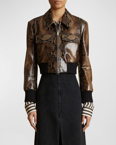 Shop Khaite Hector Cropped Snake Print Leather Jacket In Brown