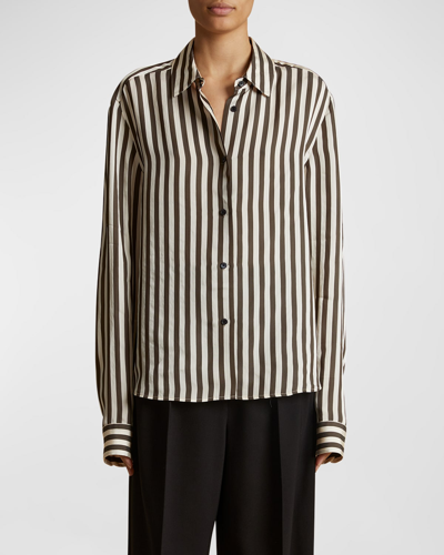 Shop Khaite Argo Stripe Button Up Top In Ivory / Dark Brow