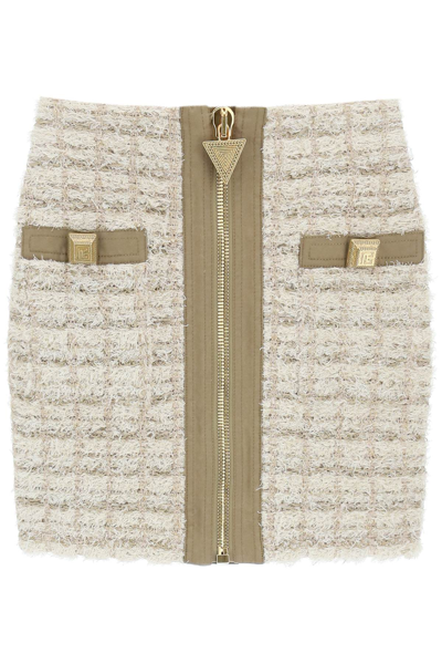Shop Balmain Tweed Mini Skirt In Multi Beige (beige)