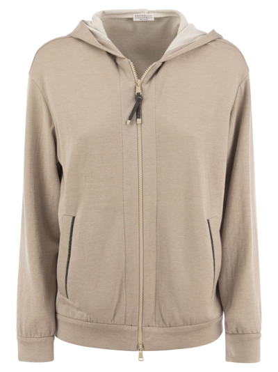 Shop Brunello Cucinelli Cotton-silk Sweatshirt Topwear With Jewellery In Beige Pink