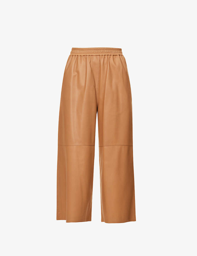 Shop Loewe Women's Toffee Cropped Elasticated-waist Wide-leg Mid-rise Leather Trousers