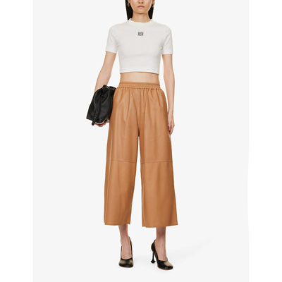 Shop Loewe Women's Toffee Cropped Elasticated-waist Wide-leg Mid-rise Leather Trousers