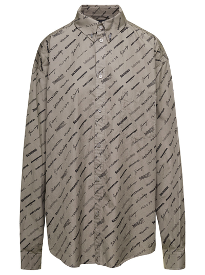 Shop Balenciaga Beige Oversize Shirt With Monogram Logo Print All-over In Cotton Man