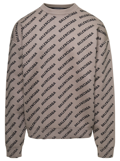 Shop Balenciaga Beige Crewneck Sweatshirt With All-over Logo Print In Cotton And Wool Blend Man