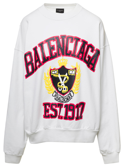 Shop Balenciaga White Crewneck Sweatshirt With College-style Logo Print In Cotton Woman