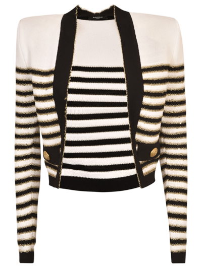 Shop Balmain Stripe Detail Cardigan In White/black