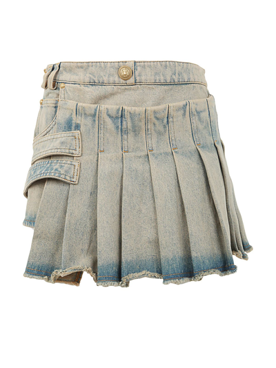 Shop Balmain Vinatge Denim Short Kilt Skirt In Ap Bleu Jean Sable