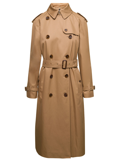 Shop Burberry Beige Double-breasted Trench Coat With Belt In Cotton Woman