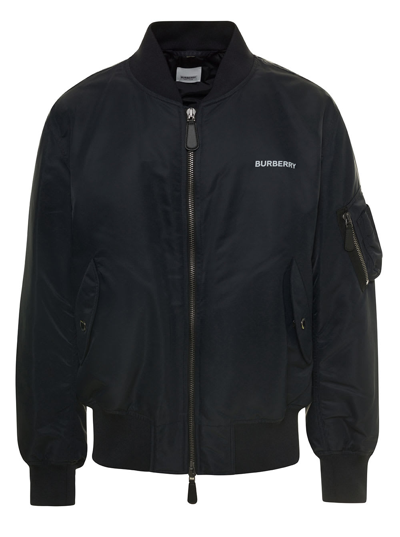 Shop Burberry Blue Bomber Jacket With Logo Print On Front And Back In Polyamide Man