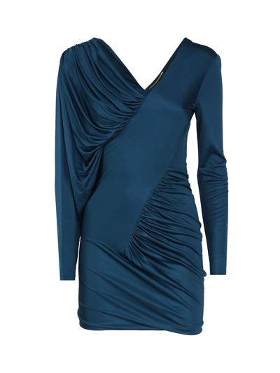 Shop Saint Laurent Shiny Jersey Draped Dress In Bleu Canard