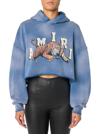 Shop Amiri Women's Vintage Tiger Cropped Hoodie In Blue