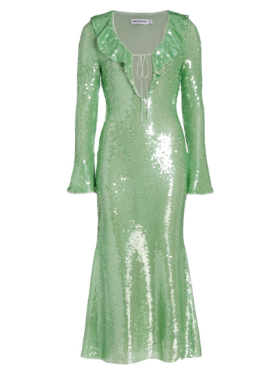 Shop Self-portrait Women's Sequin Ruffled Midi-dress In Green