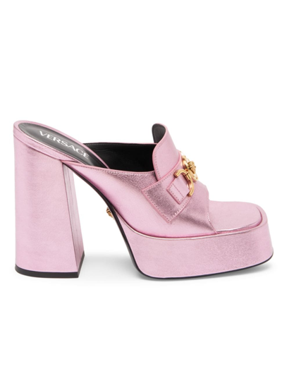 Shop Versace Women's 120mm Metallic Leather Platform Sandals In Baby Pink
