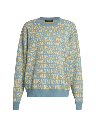 Shop Versace Men's Logo Cotton Knit Sweater In Light Blue Ivory
