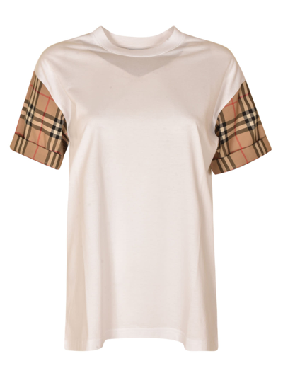 Shop Burberry Check Sleeve Round Neck T-shirt In White
