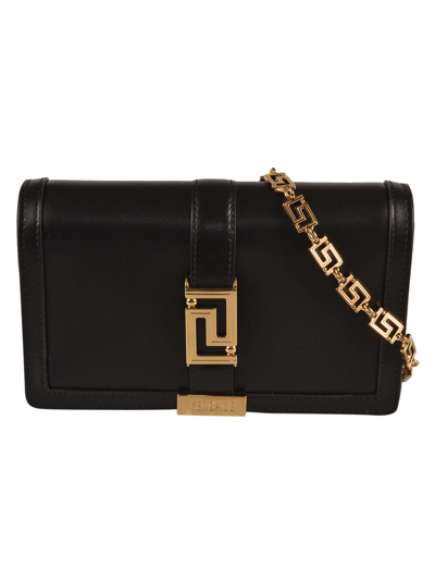 Shop Versace Greca Goddess Leather Mini Shoulder Bag In Black/ Gold