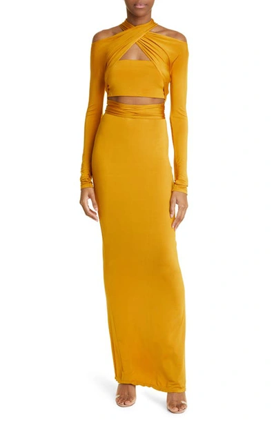 Shop Lapointe Wrap Bodice Long Sleeve Jersey Maxi Dress In Mustard