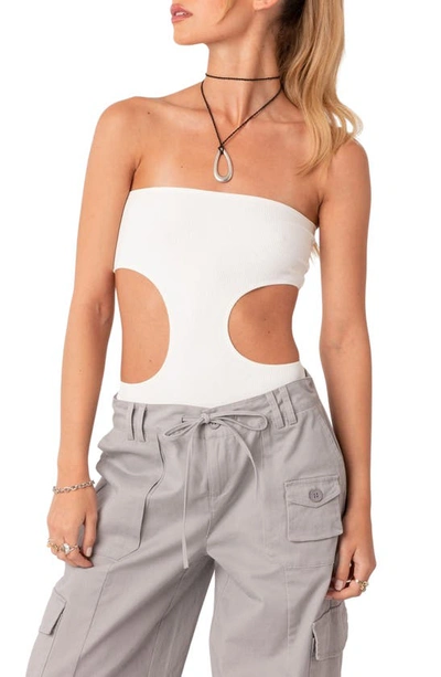 Edikted Women's Ribbed Bodysuit With Cut Out Top In White