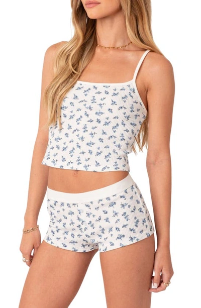 Shop Edikted Pamper Floral Waffle Crop Camisole In White