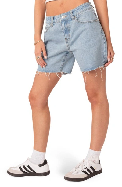 Edikted Tomboy Low Rise Cutoff Denim Shorts In Light-blue