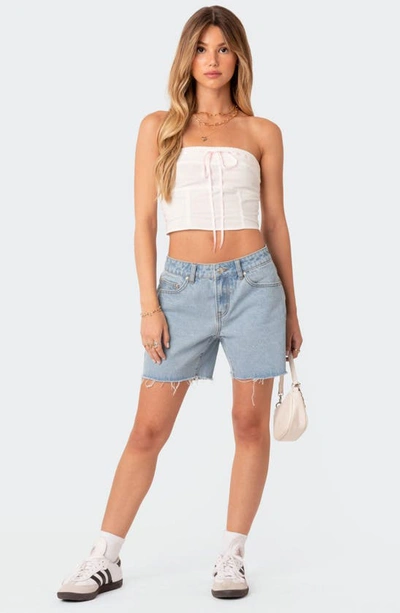 Edikted Tomboy Low Rise Cutoff Denim Shorts In Light-blue