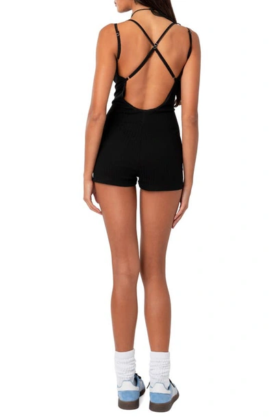 Shop Edikted Pointelle Stitch Cross Back Strap Romper In Black