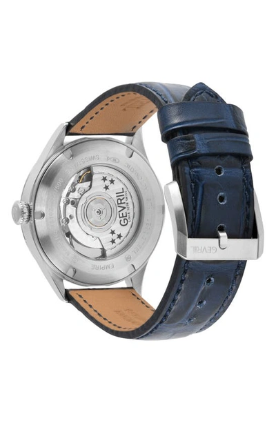 Gevril Empire Automatic Croc Embossed Leather Strap Watch, 40mm In Blue