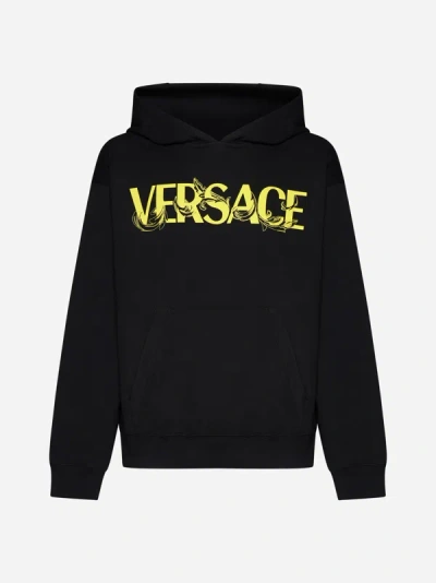 Shop Versace Logo Cotton Hoodie In Black