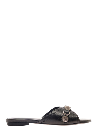 Shop Balenciaga Cagole Black Sandals With Studs And Buckles In Smooth Leather Woman