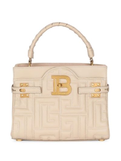 Shop Balmain B-buzz 22 Top Handle Bag In Beige Quilted Leather In Marrone