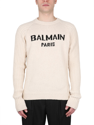 Shop Balmain Crewneck Sweater With Logo In Bianco