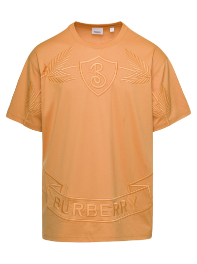 Shop Burberry Banstead Crest Orange Crewneck T-shirt With Crest Embroidery In Cotton Man