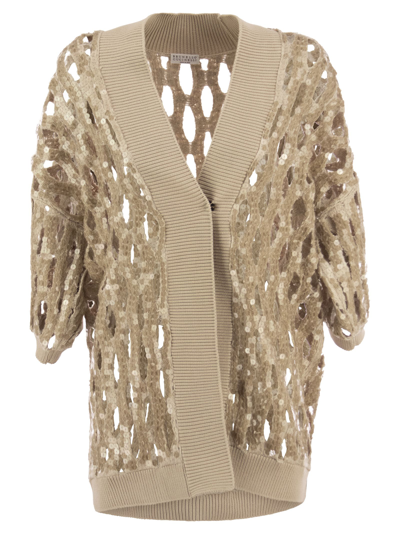 Shop Brunello Cucinelli Long Cardigan Dazzling Mesh In Linen And Silk In Beige