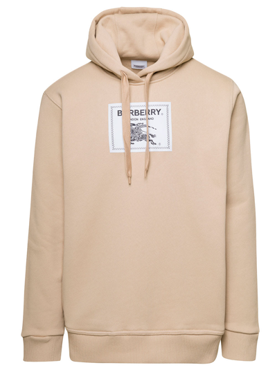 Shop Burberry Beige Hoodie With Logo Patch In Cotton Man