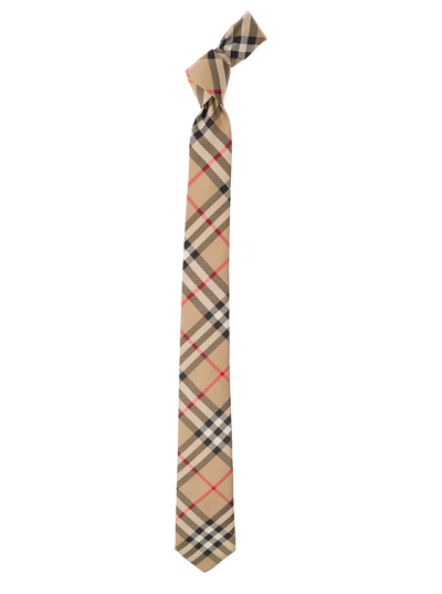 Shop Burberry Beige Scarf With All-over Vintage Check Print In Silk Man