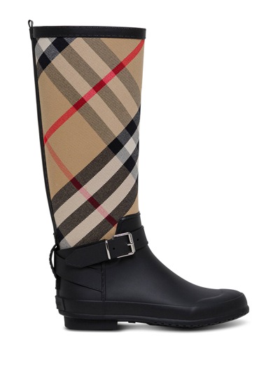 Shop Burberry Black And Beige Rain Boots With House Check Motif In Rubber Woman