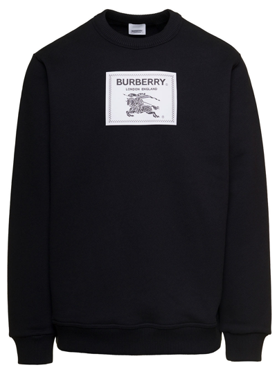 Shop Burberry Black Crewneck Sweatshirt With Logo Patch In Cotton Man