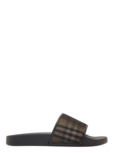 Shop Burberry Brown Slides With Vintage Check Motif In Cotton Blend In Black