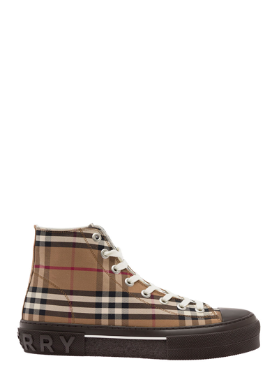Shop Burberry Brown High-top Sneakers With Vintage Check Motif All Over In Cotton In Beige