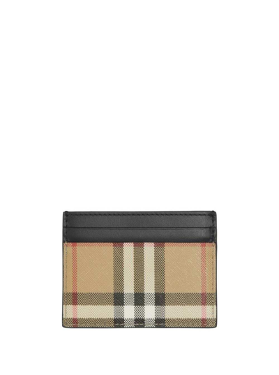Shop Burberry Brown Card Holder With Vintage Check Motif All-over In Leather And Cotton In Beige