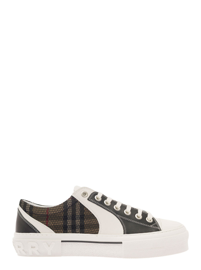 Shop Burberry Brown Sneakers Wth Vintage Check Mesh Motif In Calf Leather And Cotton In Multicolor