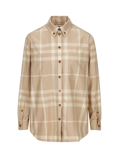 Shop Burberry Button-up Checked Shirt In Beige