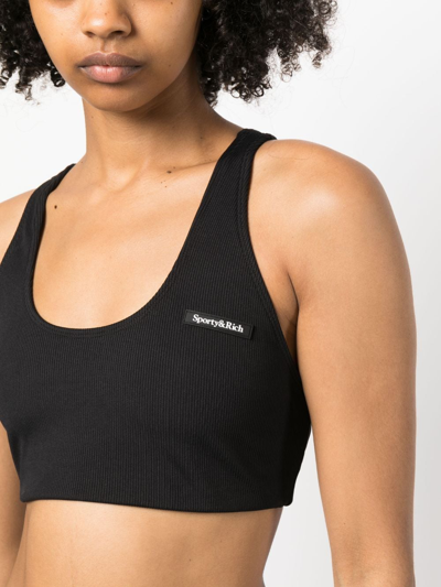 Shop Sporty And Rich Serif Logo-patch Ribbed Bra In Black