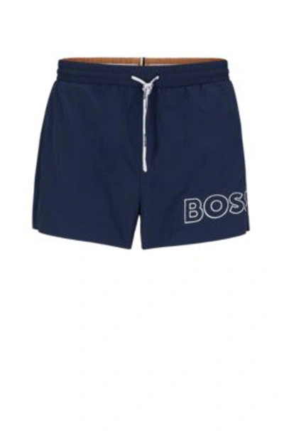 Shop Hugo Boss Quick-drying Swim Shorts With Outline Logo In Dark Blue